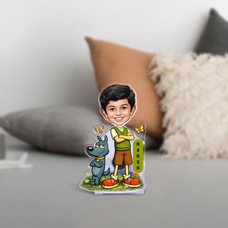 Personalized Boy Bobblehead Caricature with Dog and Butterflies, Solar Powered Moving Head for Car Interior Decor Accessories & Home Decor Funny Birthday Gift for Kids